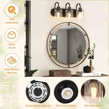 Baocuz 3-Light Bathroom Light Fixtures, Black Vanity Light Farmhouse Wall Sconces with Clear Glass Shade, Modern Bathroom Wall Lamp for Mirror Bedroom Hallway Living Room Cabinet