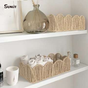 Sunlit Natural Fiber Farmhouse Storage Baskets, Hand Woven Bathroom Storage Boxes, Boho Toilet Paper Tank Basket, Decorative Storage Bins for Countertop, Bathroom Organizer Set of 2, Wavy, Beige