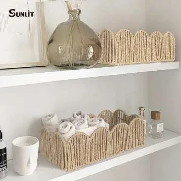 Sunlit Natural Fiber Farmhouse Storage Baskets, Hand Woven Bathroom Storage Boxes, Boho Toilet Paper Tank Basket, Decorative Storage Bins for Countertop, Bathroom Organizer Set of 2, Wavy, Beige