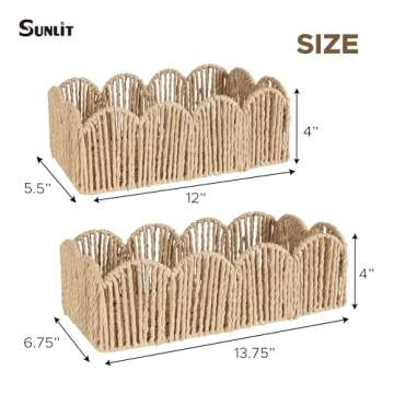 Sunlit Natural Fiber Farmhouse Storage Baskets, Hand Woven Bathroom Storage Boxes, Boho Toilet Paper Tank Basket, Decorative Storage Bins for Countertop, Bathroom Organizer Set of 2, Wavy, Beige
