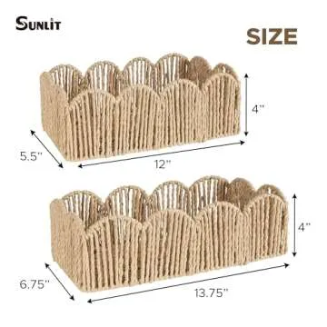 Sunlit Natural Fiber Farmhouse Storage Baskets, Hand Woven Bathroom Storage Boxes, Boho Toilet Paper Tank Basket, Decorative Storage Bins for Countertop, Bathroom Organizer Set of 2, Wavy, Beige