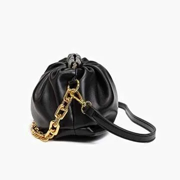 Women's Chain Pouch Bag Cloud-Shaped Dumpling Clutch Purse Ruched Fashion Trendy Shoulder Crossbody Handbag Chain Link Bag (Black)