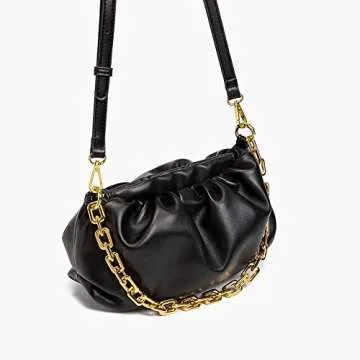 Women's Chain Pouch Bag Cloud-Shaped Dumpling Clutch Purse Ruched Fashion Trendy Shoulder Crossbody Handbag Chain Link Bag (Black)