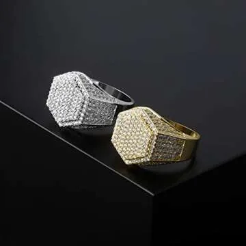 JINAO Mens Iced Out CZ Hexagon Bling Pinky Ring 18k gold Plated Hip Hop Ring for Men (Gold, 10)