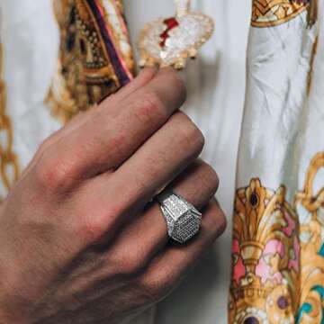 JINAO Mens Iced Out CZ Hexagon Bling Pinky Ring 18k gold Plated Hip Hop Ring for Men (Gold, 10)