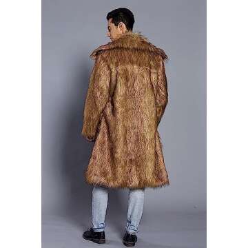 Amore Bridal Mens Faux Fur Coat Long Sleeve Jacket Warm Furry Overcoat Outwear Brown AM-M