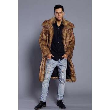 Amore Bridal Mens Faux Fur Coat Long Sleeve Jacket Warm Furry Overcoat Outwear Brown AM-M