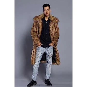 Amore Bridal Mens Faux Fur Coat Long Sleeve Jacket Warm Furry Overcoat Outwear Brown AM-M