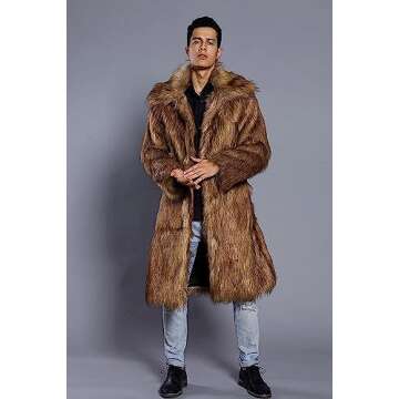 Amore Bridal Mens Faux Fur Coat Long Sleeve Jacket Warm Furry Overcoat Outwear Brown AM-M