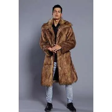 Amore Bridal Mens Faux Fur Coat Long Sleeve Jacket Warm Furry Overcoat Outwear Brown AM-M