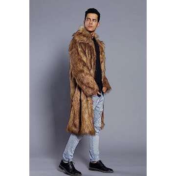 Amore Bridal Mens Faux Fur Coat Long Sleeve Jacket Warm Furry Overcoat Outwear Brown AM-M