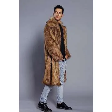 Amore Bridal Mens Faux Fur Coat Long Sleeve Jacket Warm Furry Overcoat Outwear Brown AM-M