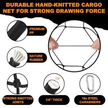 Seven Sparta 5’ x 7’ Bungee Cargo Net Stretches to 10' x 14' for Truck Bed, Pickup Bed, Trailer, Trunk, SUV with 16 Bonus D Clip Carabiners Truck Cargo Net for Large Loads (Black)