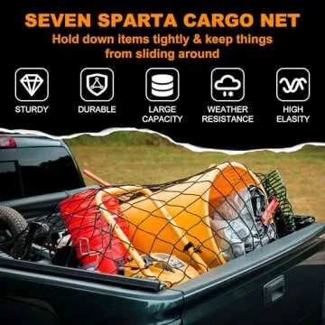 Seven Sparta 5’ x 7’ Bungee Cargo Net Stretches to 10' x 14' for Truck Bed, Pickup Bed, Trailer, Trunk, SUV with 16 Bonus D Clip Carabiners Truck Cargo Net for Large Loads (Black)