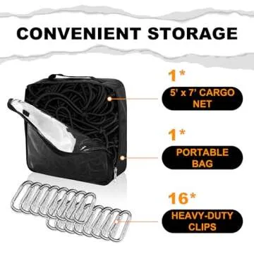 Seven Sparta 5’ x 7’ Bungee Cargo Net Stretches to 10' x 14' for Truck Bed, Pickup Bed, Trailer, Trunk, SUV with 16 Bonus D Clip Carabiners Truck Cargo Net for Large Loads (Black)