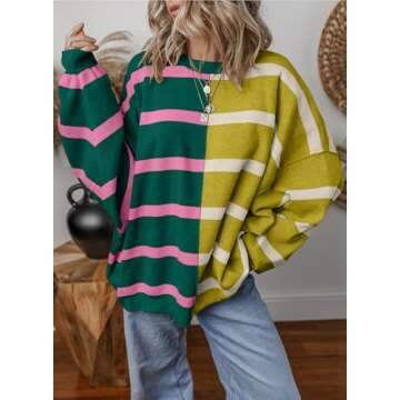 EVALESS Womens Oversized Striped Sweaters 2024 Fashion Trendy Fall Color Block Cable Knit Long Sleev...