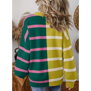 EVALESS Womens Oversized Striped Sweaters 2024 Fashion Trendy Fall Color Block Cable Knit Long Sleeve Chunky Loose Casual Lightweight Sweaters Clothing,Blackish Green Small