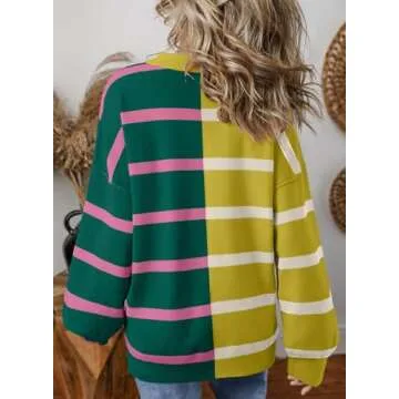 EVALESS Womens Oversized Striped Sweaters 2024 Fashion Trendy Fall Color Block Cable Knit Long Sleeve Chunky Loose Casual Lightweight Sweaters Clothing,Blackish Green Small