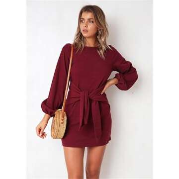 PRETTYGARDEN Women's Elegant Long Lantern Sleeve Short Dress Crewneck Tie Waist Knit Cocktail Dress (Wine Red,Large)