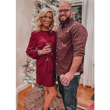 PRETTYGARDEN Women's Elegant Long Lantern Sleeve Short Dress Crewneck Tie Waist Knit Cocktail Dress (Wine Red,Large)