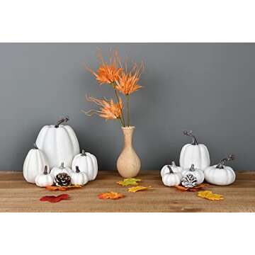 Lvydec Artificial Pumpkins Thanksgiving Decoration Clearance, 11pcs Assorted Size White Pumpkins with 50pcs Maple Leaves and 2 Pinecones for Thanksgiving Autumn Festive Party Supplies