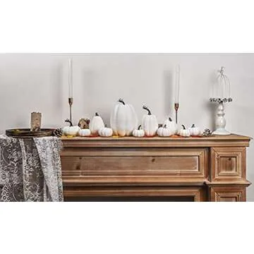 Lvydec Artificial Pumpkins Thanksgiving Decoration Clearance, 11pcs Assorted Size White Pumpkins with 50pcs Maple Leaves and 2 Pinecones for Thanksgiving Autumn Festive Party Supplies