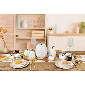 Lvydec Artificial Pumpkins Thanksgiving Decoration Clearance, 11pcs Assorted Size White Pumpkins with 50pcs Maple Leaves and 2 Pinecones for Thanksgiving Autumn Festive Party Supplies