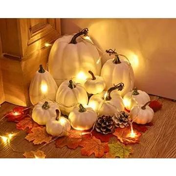 Lvydec Artificial Pumpkins Thanksgiving Decoration Clearance, 11pcs Assorted Size White Pumpkins with 50pcs Maple Leaves and 2 Pinecones for Thanksgiving Autumn Festive Party Supplies