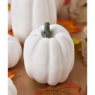 Lvydec Artificial Pumpkins Thanksgiving Decoration Clearance, 11pcs Assorted Size White Pumpkins with 50pcs Maple Leaves and 2 Pinecones for Thanksgiving Autumn Festive Party Supplies