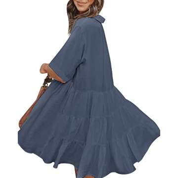 PYGFEMR Women's Summer Babydoll Dress Button Down Dresses with Pockets Gray Blue L