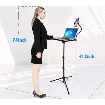 Projector Stand,Laptop Tripod Stand Adjustable Height up to 47.2 Inch with Gooseneck Phone Holder, Portable for Outdoor Movies-Detachable Computer DJ Racks Holder Mount