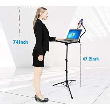 Projector Stand,Laptop Tripod Stand Adjustable Height up to 47.2 Inch with Gooseneck Phone Holder, Portable for Outdoor Movies-Detachable Computer DJ Racks Holder Mount
