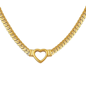 Loqimu Gold Stainless Steel Cuban Choker with Heart Charm Necklace