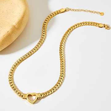 Loqimu Gold Stainless Steel Cuban Choker with Heart Charm Necklace