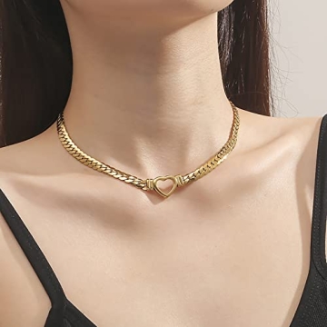 Loqimu Gold Stainless Steel Cuban Choker with Heart Charm Necklace