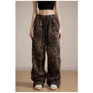 Hesaco Leopard Print Jeans for Women - Y2K Patchwork Loose Cheetah Print Pants with Elastic Waist an...