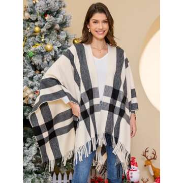 Moss Rose Women's Travel Plaid Shawls Wrap Open Front Poncho Cape for Fall Winter Holiday Gift