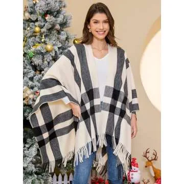 Moss Rose Women's Travel Plaid Shawls Wrap Open Front Poncho Cape for Fall Winter Holiday Gift