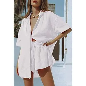 Fixmatti Women 2 Piece Casual Tracksuit Outfit Set Half Sleeve Shirt and High Waisted Shorts Set White S