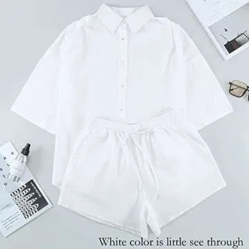 Fixmatti Women 2 Piece Casual Tracksuit Outfit Set Half Sleeve Shirt and High Waisted Shorts Set White S