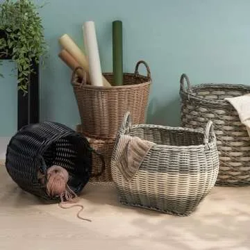 Joseph Round Cone Woven Resin Wicker Basket with Handles (16" x 16" x 14.5" - Chocolate Brown) - Perfect for Halloween, Thanksgiving, and Everyday Storage