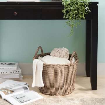 Joseph Round Cone Woven Resin Wicker Basket with Handles (16" x 16" x 14.5" - Chocolate Brown) - Perfect for Halloween, Thanksgiving, and Everyday Storage