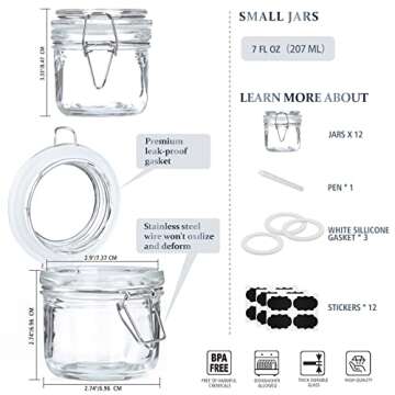Folinstall 7 oz Glass Jars with Airtight Lids 12 Pcs, Small Mason Jars with Hinged Lids for Kitchen ...
