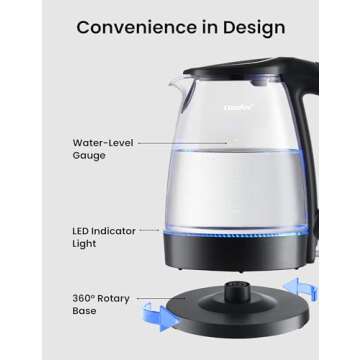 COMFEE' Electric Kettle, 1.7L Hot Water Boiler, 1500W Fast Boil, Glass Electric Tea Kettle with LED Indicator, Auto Shut-Off and Boil-Dry Protection, BPA Free