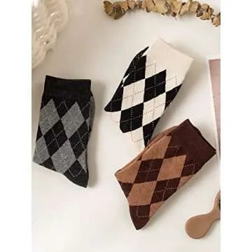 OYOANGLE Women's 3 Pairs Pack Fun Plaid Pattern Funny Crew Socks Argyle Multi
