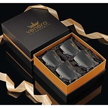 Venero Crystal Whiskey Glasses, Set of 4 Bourbon Glasses in Luxury Satin-Lined Gift Box - 10 oz Scot...