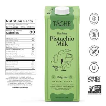 Táche Pistachio Milk - Barista Blend - Rich, Creamy, Lightly Sweet, Plant-Based Milk & Coffee Creamer - Dairy Free, Gluten Free, Vegan, No Oils (32oz, 6-Pack)