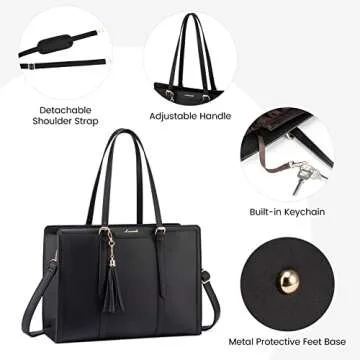 LOVEVOOK Laptop Bag for Women 15.6 inch Lightweight PU Laptop Tote Bag, Large Capacity Computer bag with Clutch Purse for Business, Work, Office, Travel, School,Casual(Black & Leather)