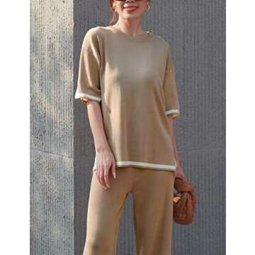 Gihuo Women Sweater Sets 2 Piece Outfits Knit Lounge Sets Short Sleeve Tops Wide Leg Pants Matching Travel Tracksuit