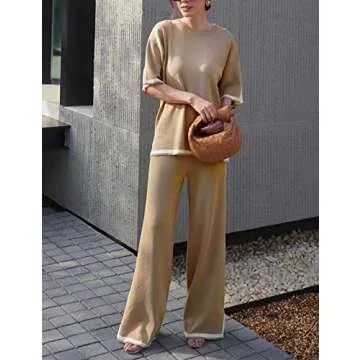 Gihuo Women Sweater Sets 2 Piece Outfits Knit Lounge Sets Short Sleeve Tops Wide Leg Pants Matching Travel Tracksuit